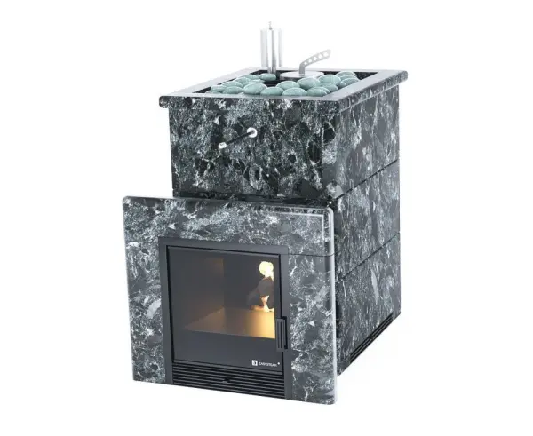 Фото Печь для русской бани Анапа в трёхстороннем кожухе (пироксенит) с открытым верхом в магазине Woodson